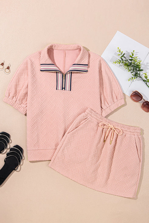 Retro Vibe Textured Zip Neck Collared Top Mini Skirt Set